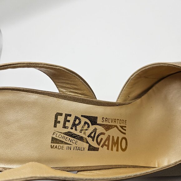 Salvatore Ferragamo Gold Leather Slingback Heels w/ Snakeskin Cap Toe – Size 8B - Picture 3 of 11